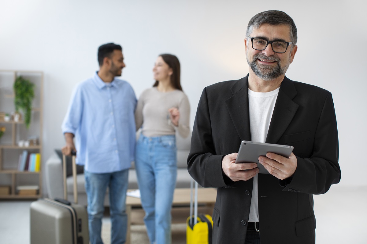 A man, representing Airbnb host management, engaging in conversation with a couple, discussing and making decisions together for a personalized stay experience.